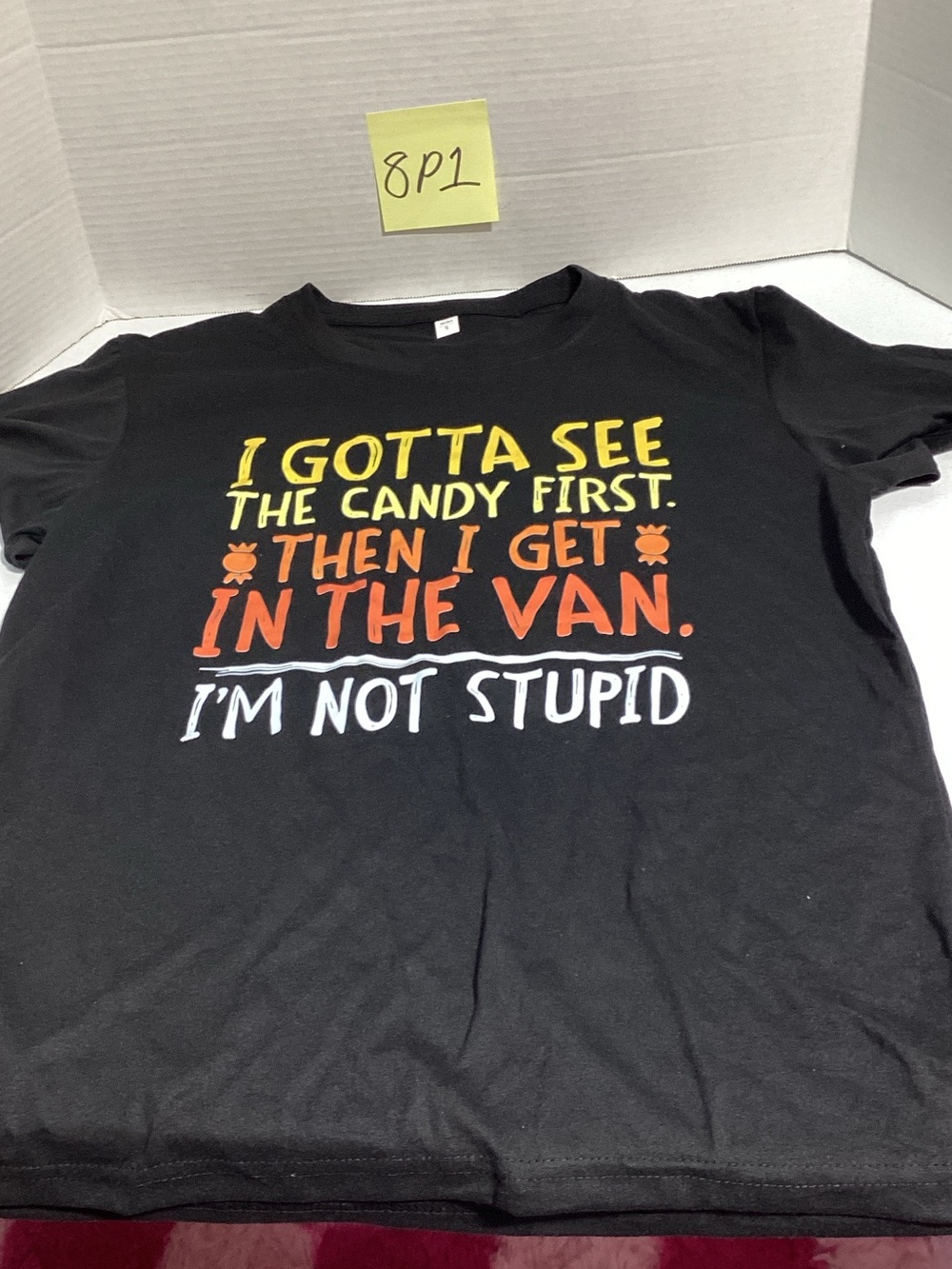 Black Short-Sleeve Graphic Tee with Halloween Candy Slogan